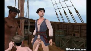 Foxy 3D cartoon pirate babe sucking on two cocks